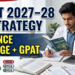 Student preparing for GPAT 2027–28 with pharmacy books, mock tests, MCQs, and laptop study setup showing balance between college exams and GPAT preparation.