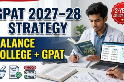 Student preparing for GPAT 2027–28 with pharmacy books, mock tests, MCQs, and laptop study setup showing balance between college exams and GPAT preparation.