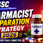 Modern SSC Pharmacist Preparation Strategy 2026 thumbnail featuring SSC logo, pharmacy medicine bottle, pharmacy subject books, capsules, and vibrant purple-red gradient background.