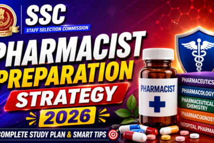 Modern SSC Pharmacist Preparation Strategy 2026 thumbnail featuring SSC logo, pharmacy medicine bottle, pharmacy subject books, capsules, and vibrant purple-red gradient background.