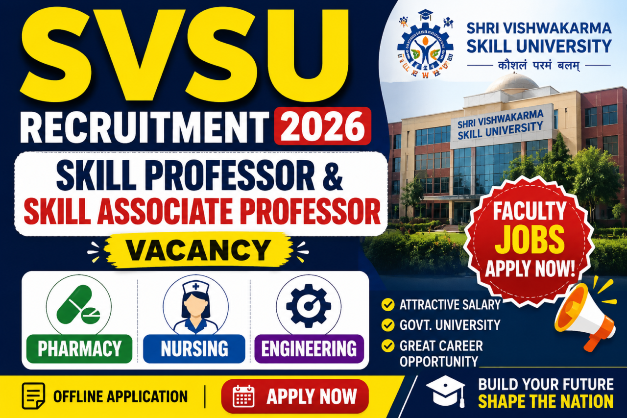SVSU Recruitment 2026 thumbnail featuring Skill Professor and Skill Associate Professor vacancies for Pharmacy, Nursing, Engineering, and other departments with bold text and university building background.