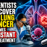 Scientists studying lung cancer treatment resistance using advanced laboratory research and microscope analysis.