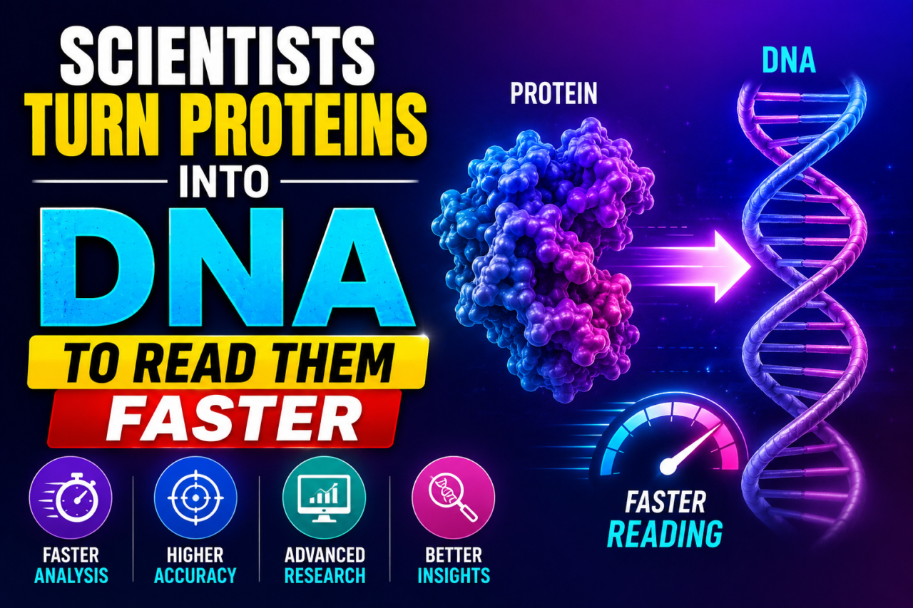 Scientific news thumbnail showing a protein transforming into a DNA helix with neon gradient background and bold text about scientists converting proteins into DNA for faster reading.