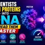 Scientific news thumbnail showing a protein transforming into a DNA helix with neon gradient background and bold text about scientists converting proteins into DNA for faster reading.