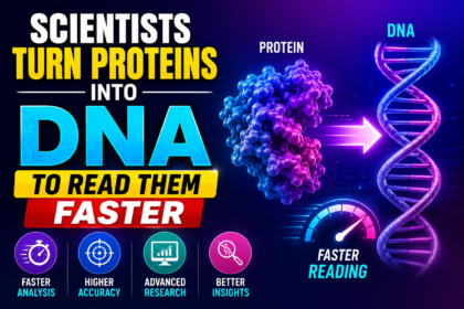 Scientific news thumbnail showing a protein transforming into a DNA helix with neon gradient background and bold text about scientists converting proteins into DNA for faster reading.