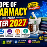 Scope of Pharmacy in India after 2027 thumbnail featuring pharmacy books, medicines, research icons, government job opportunities, and futuristic healthcare graphics on a blue background.
