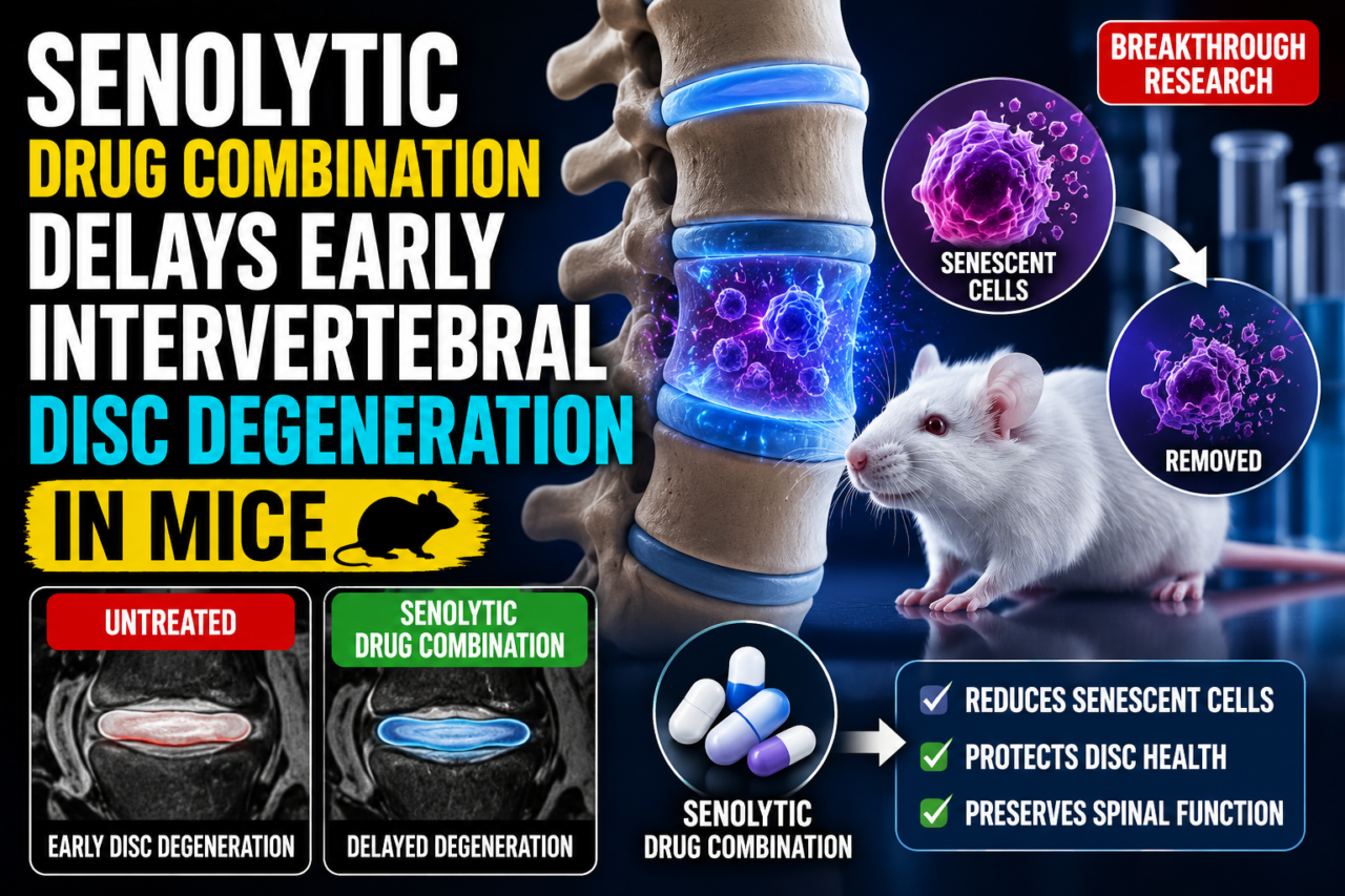Scientific illustration showing a mouse, spinal discs, and senolytic drug therapy used to delay intervertebral disc degeneration.