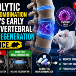 Scientific illustration showing a mouse, spinal discs, and senolytic drug therapy used to delay intervertebral disc degeneration.