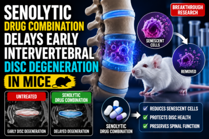Scientific illustration showing a mouse, spinal discs, and senolytic drug therapy used to delay intervertebral disc degeneration.