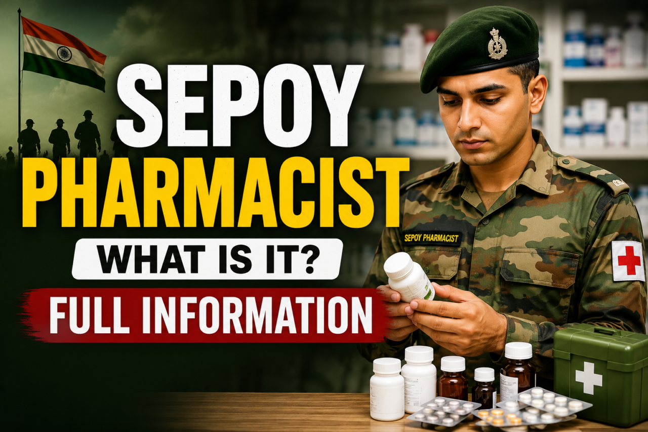 Bold YouTube thumbnail showing an Indian Army Sepoy Pharmacist holding medicine bottles with large text “Sepoy Pharmacist – What Is It? Full Information”.