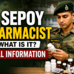 Bold YouTube thumbnail showing an Indian Army Sepoy Pharmacist holding medicine bottles with large text “Sepoy Pharmacist – What Is It? Full Information”.