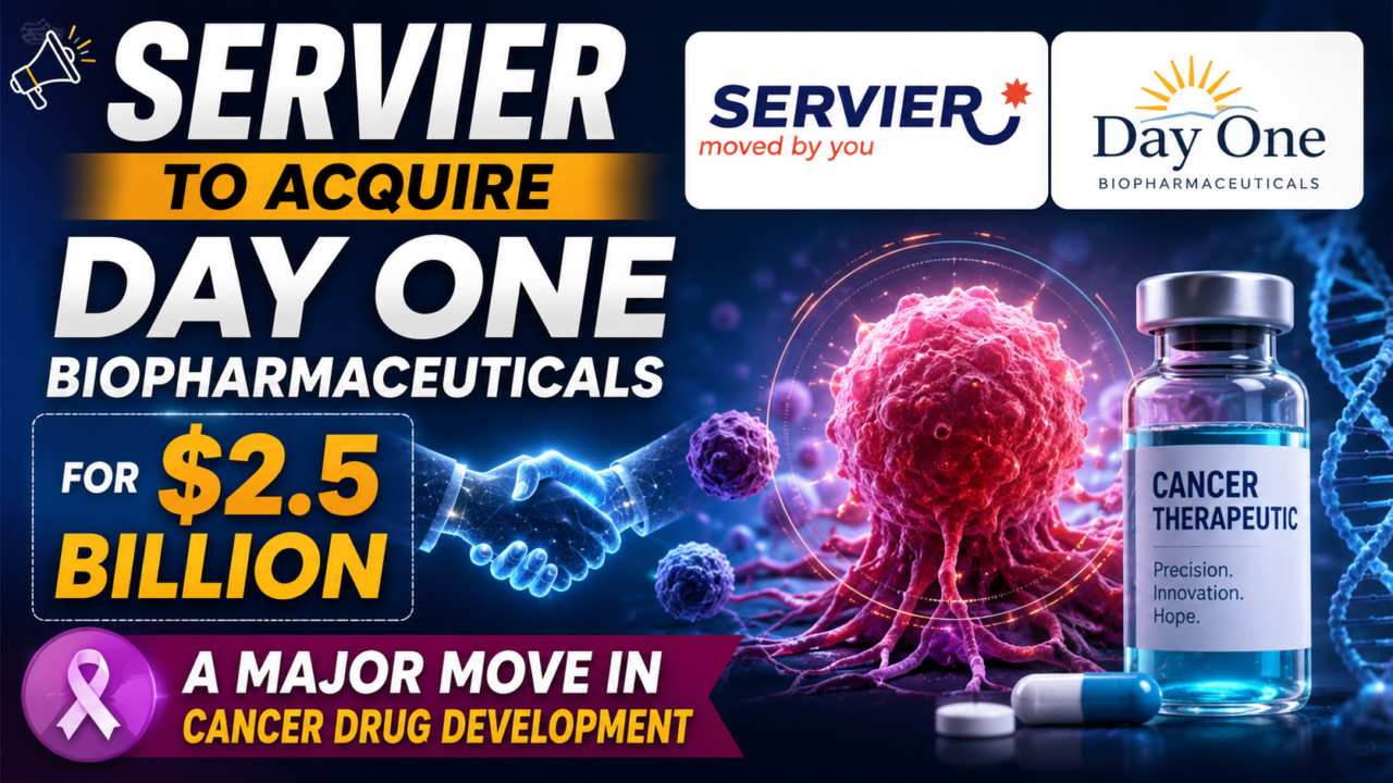 Servier acquires Day One Biopharmaceuticals for $2.5 billion with cancer drug development themed thumbnail.