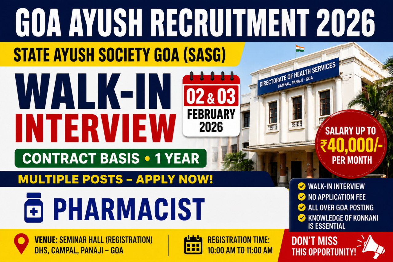 Goa AYUSH Recruitment 2026 pharmacist walk-in interview poster with salary up to ₹40,000 per month and interview dates 02 & 03 February 2026.