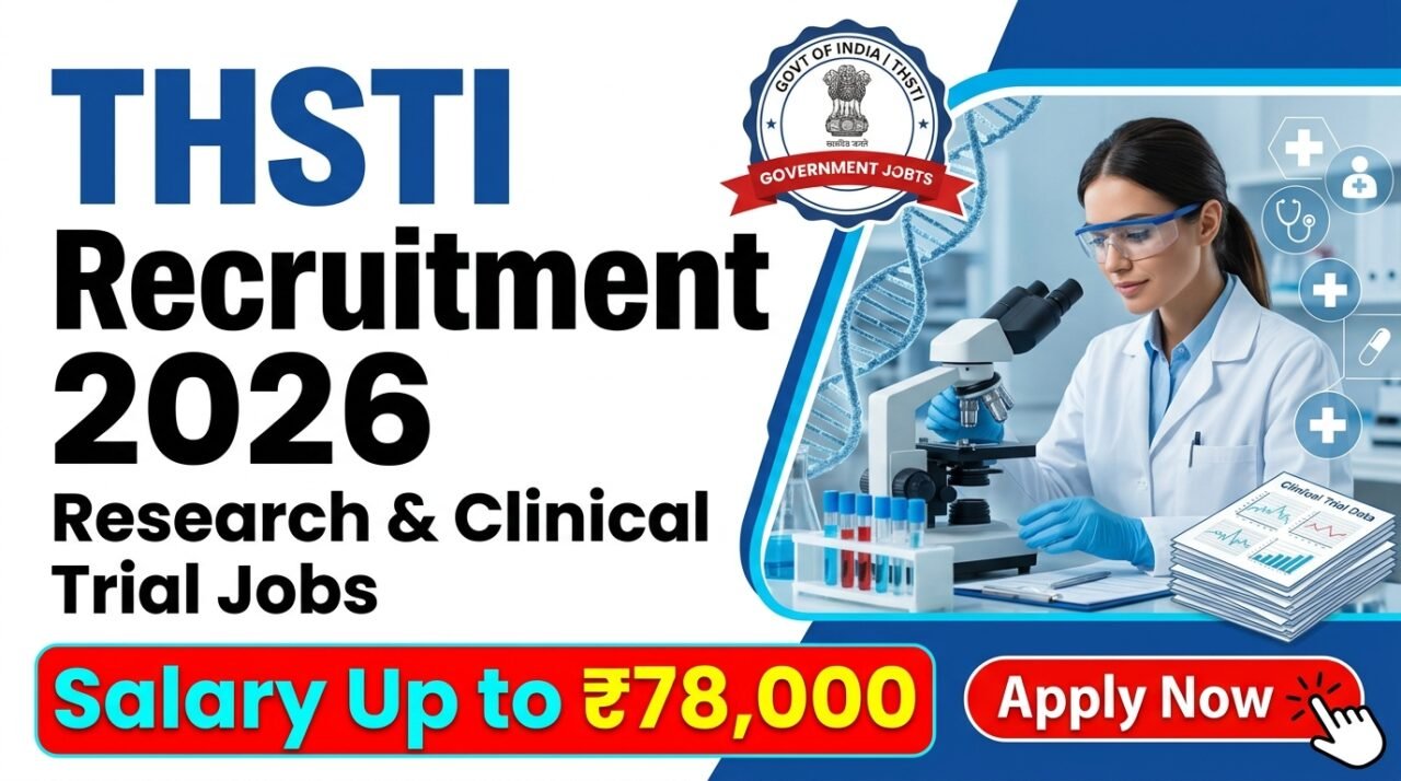 THSTI Recruitment 2026 thumbnail showing research and clinical trial jobs with scientist working in laboratory and salary up to ₹78,000.
