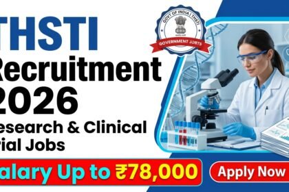 THSTI Recruitment 2026 thumbnail showing research and clinical trial jobs with scientist working in laboratory and salary up to ₹78,000.