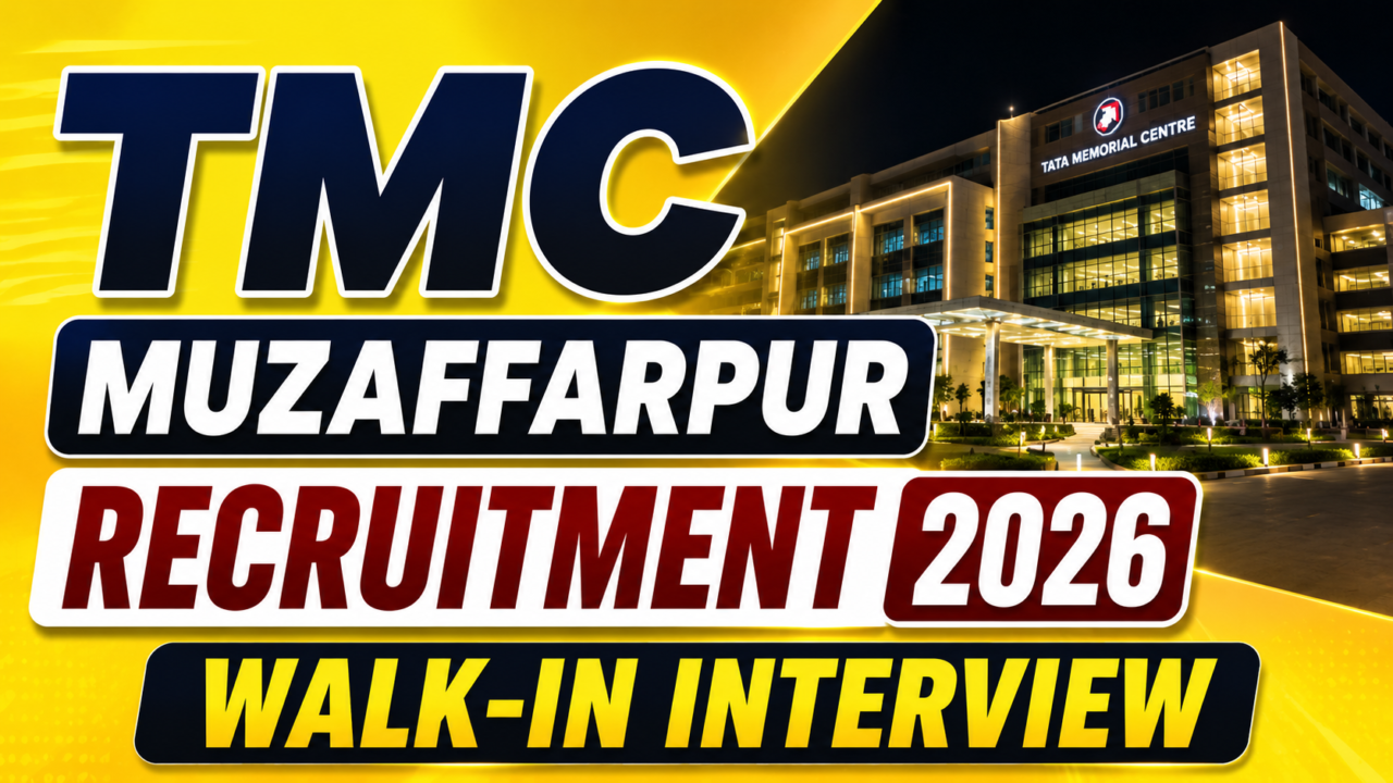 TMC Muzaffarpur Recruitment 2026 walk-in interview thumbnail with bright yellow gradient background and bold recruitment text.