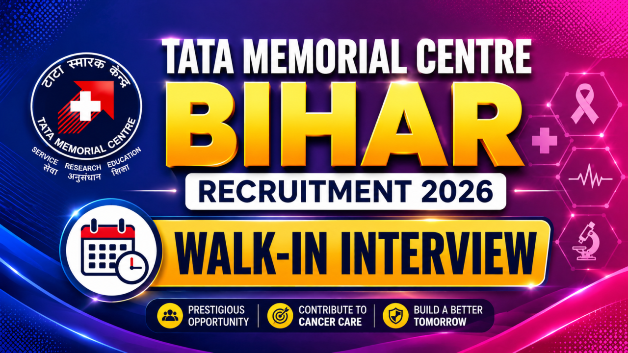 Colorful 16:9 recruitment thumbnail for Tata Memorial Centre Bihar Recruitment 2026 featuring bold yellow “BIHAR” text, “Walk-In Interview” banner, Tata Memorial Centre logo, and modern medical-themed gradient background in blue, purple, and pink shades.