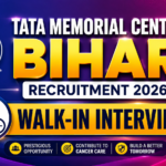 Colorful 16:9 recruitment thumbnail for Tata Memorial Centre Bihar Recruitment 2026 featuring bold yellow “BIHAR” text, “Walk-In Interview” banner, Tata Memorial Centre logo, and modern medical-themed gradient background in blue, purple, and pink shades.