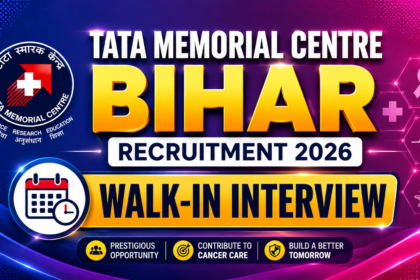 Colorful 16:9 recruitment thumbnail for Tata Memorial Centre Bihar Recruitment 2026 featuring bold yellow “BIHAR” text, “Walk-In Interview” banner, Tata Memorial Centre logo, and modern medical-themed gradient background in blue, purple, and pink shades.