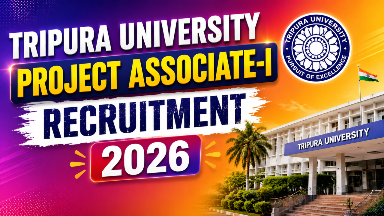Colorful YouTube thumbnail for Tripura University Project Associate-I Recruitment 2026 featuring vibrant purple-orange gradient background, university building, official logo, and bold recruitment text.