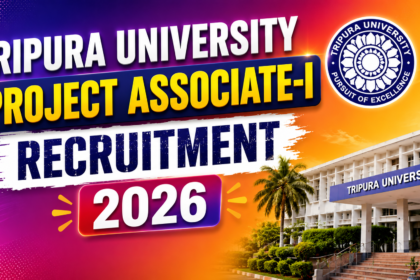 Colorful YouTube thumbnail for Tripura University Project Associate-I Recruitment 2026 featuring vibrant purple-orange gradient background, university building, official logo, and bold recruitment text.