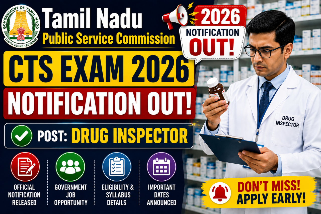 Thumbnail for TNPSC CTS Exam 2026 Drug Inspector notification featuring a Drug Inspector checking medicine in a pharmacy with bold notification text.