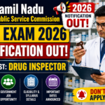 Thumbnail for TNPSC CTS Exam 2026 Drug Inspector notification featuring a Drug Inspector checking medicine in a pharmacy with bold notification text.