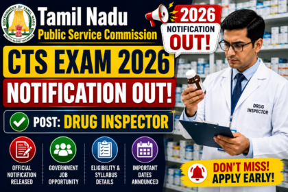 Thumbnail for TNPSC CTS Exam 2026 Drug Inspector notification featuring a Drug Inspector checking medicine in a pharmacy with bold notification text.