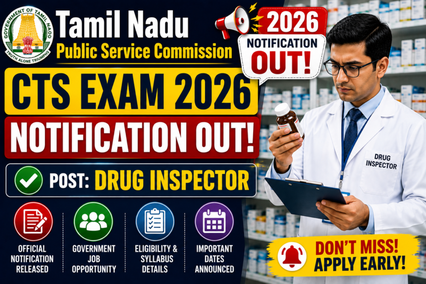 Thumbnail for TNPSC CTS Exam 2026 Drug Inspector notification featuring a Drug Inspector checking medicine in a pharmacy with bold notification text.