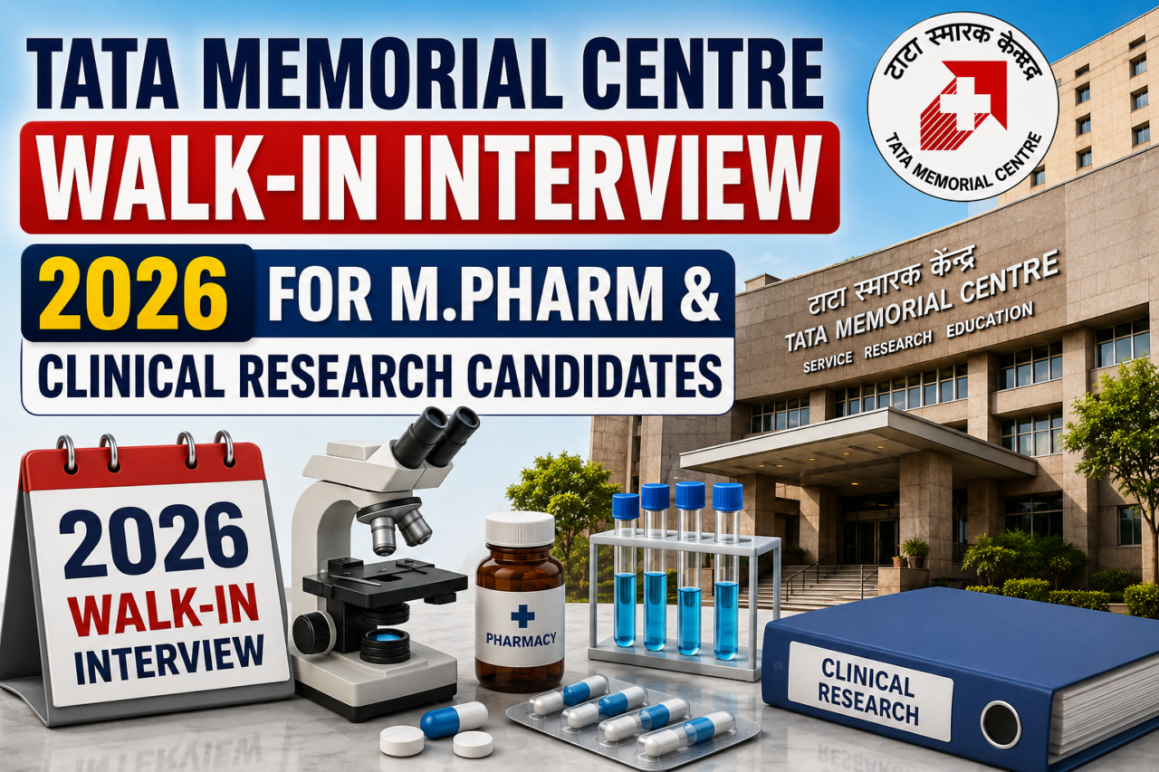 Tata Memorial Centre walk-in interview thumbnail for M.Pharm and Clinical Research candidates featuring hospital building, microscope, pharmacy bottle, and laboratory equipment.