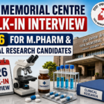 Tata Memorial Centre walk-in interview thumbnail for M.Pharm and Clinical Research candidates featuring hospital building, microscope, pharmacy bottle, and laboratory equipment.