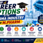 Professional YouTube thumbnail for M.Pharm students showing top career options in the pharmaceutical industry with laboratory visuals, medicine capsules, research equipment, and bold colorful typography.