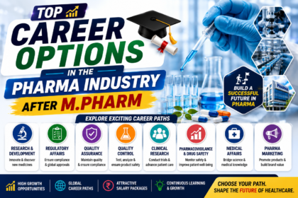 Professional YouTube thumbnail for M.Pharm students showing top career options in the pharmaceutical industry with laboratory visuals, medicine capsules, research equipment, and bold colorful typography.