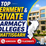 Thumbnail showing top government and private pharmacy colleges in Chhattisgarh with bold blue and yellow text, pharmacy college building, Chhattisgarh map, and admission-related icons.