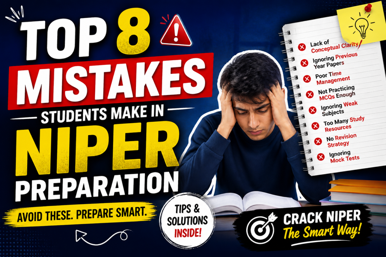Student looking stressed while studying with text “Top 8 Mistakes Students Make in NIPER Preparation” and checklist of common errors
