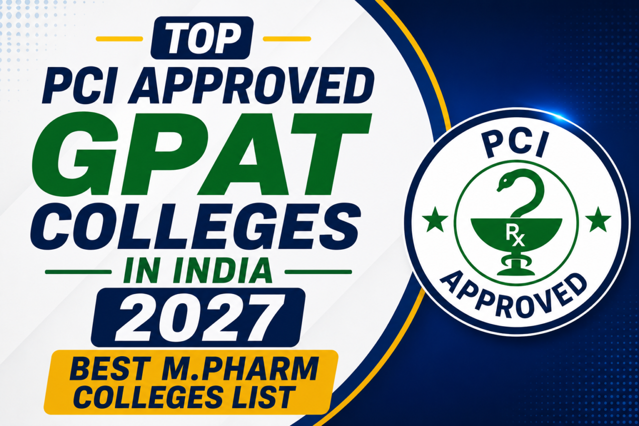 Thumbnail for Top PCI Approved GPAT Colleges in India 2027 featuring modern college campus and PCI approved badge.