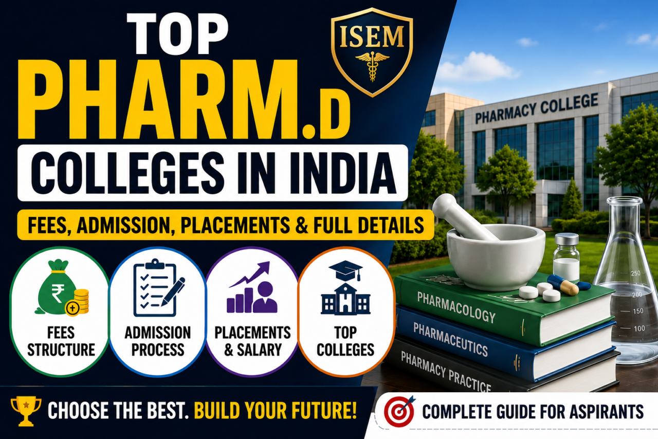 Thumbnail showing top Pharm.D colleges in India 2026 with pharmacy college building, books, lab equipment, and sections for fees, admission process, placements, and top colleges.
