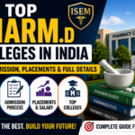 Thumbnail showing top Pharm.D colleges in India 2026 with pharmacy college building, books, lab equipment, and sections for fees, admission process, placements, and top colleges.