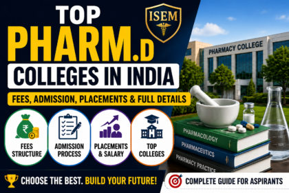 Thumbnail showing top Pharm.D colleges in India 2026 with pharmacy college building, books, lab equipment, and sections for fees, admission process, placements, and top colleges.