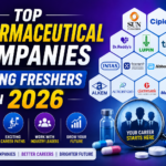Thumbnail showing top pharmaceutical companies hiring freshers in 2026 with company logos, pharma lab elements, medicine bottles, and blue-purple gradient background.