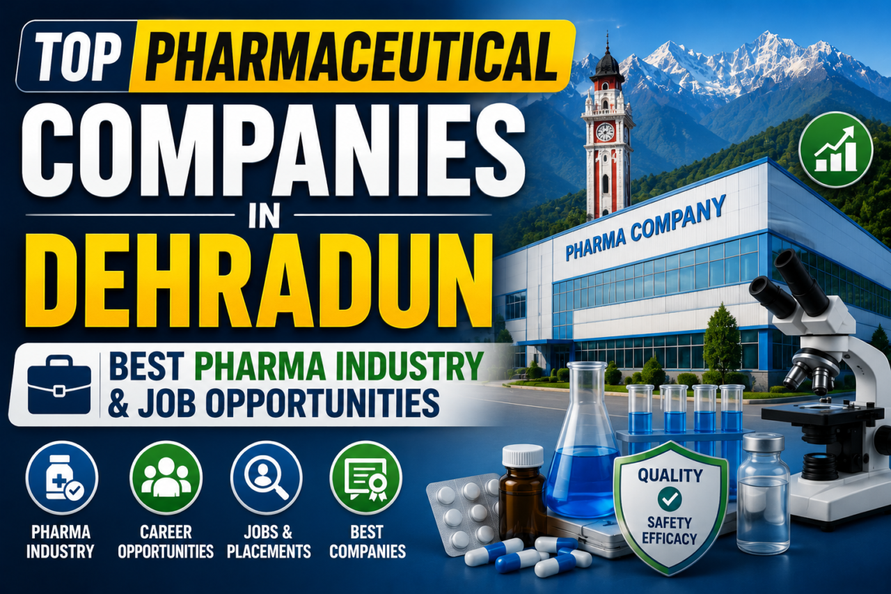 Thumbnail about top pharmaceutical companies in Dehradun featuring pharma manufacturing industry visuals, laboratory equipment, and Uttarakhand mountain background.