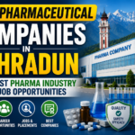 Thumbnail about top pharmaceutical companies in Dehradun featuring pharma manufacturing industry visuals, laboratory equipment, and Uttarakhand mountain background.