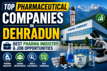 Thumbnail about top pharmaceutical companies in Dehradun featuring pharma manufacturing industry visuals, laboratory equipment, and Uttarakhand mountain background.