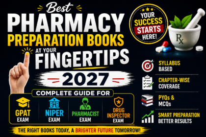 Bold pharmacy education thumbnail featuring “Best Pharmacy Preparation Books at Your Fingertips 2027” with GPAT, NIPER, Pharmacist, and Drug Inspector exam preparation highlights. Title: