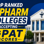 Top Ranked M.Pharm Colleges Accepting GPAT Scores thumbnail with blue background, bold yellow and white text, and modern pharmacy college building image.