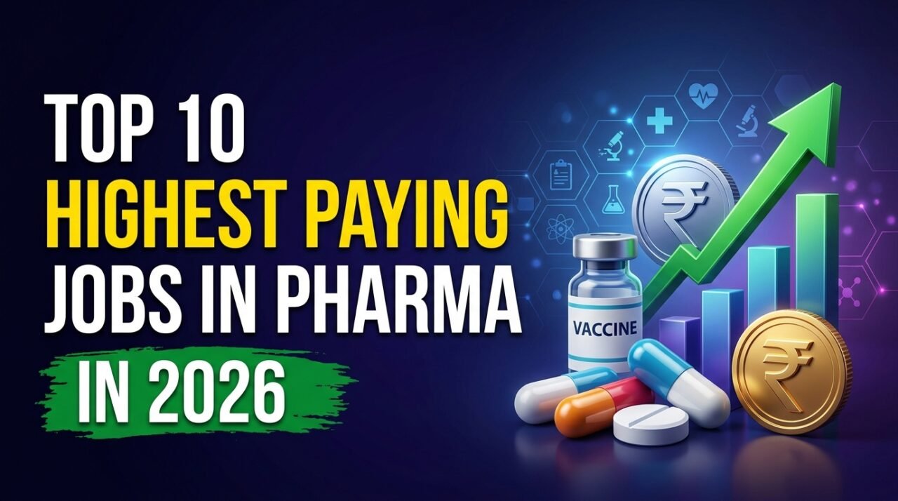 Top 10 highest paying pharma jobs in 2026 with salary growth chart, medicine bottle, pills, and rupee symbol on a modern dark background.