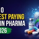 Top 10 highest paying pharma jobs in 2026 with salary growth chart, medicine bottle, pills, and rupee symbol on a modern dark background.