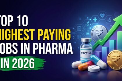 Top 10 highest paying pharma jobs in 2026 with salary growth chart, medicine bottle, pills, and rupee symbol on a modern dark background.