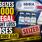 News-style thumbnail showing the UK MHRA's largest seizure of illegal weight loss medicines, featuring confiscated pharmaceutical products, seized drug containers, and enforcement action against unlicensed weight loss drug manufacturing.