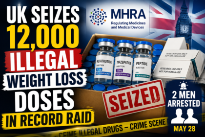 News-style thumbnail showing the UK MHRA's largest seizure of illegal weight loss medicines, featuring confiscated pharmaceutical products, seized drug containers, and enforcement action against unlicensed weight loss drug manufacturing.